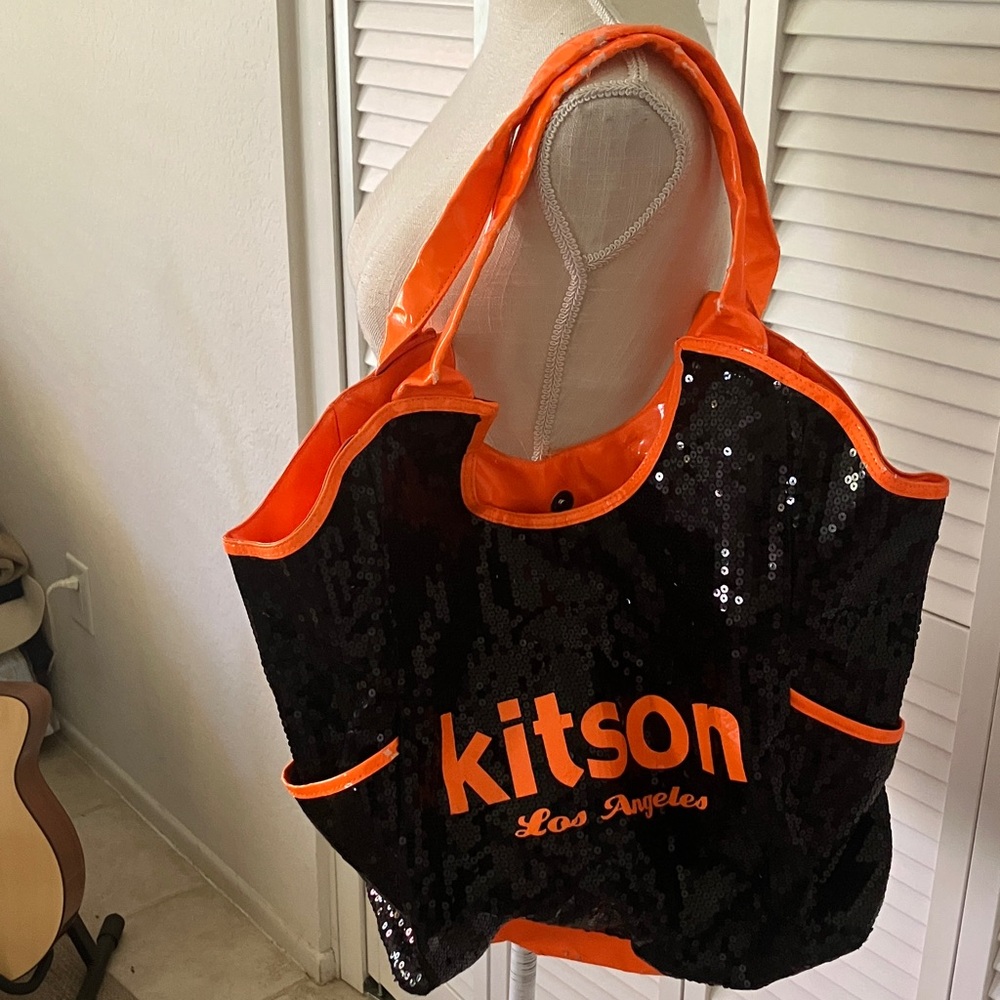 Kitson Los Angeles sequined tote bag black and orange shows signs of wear